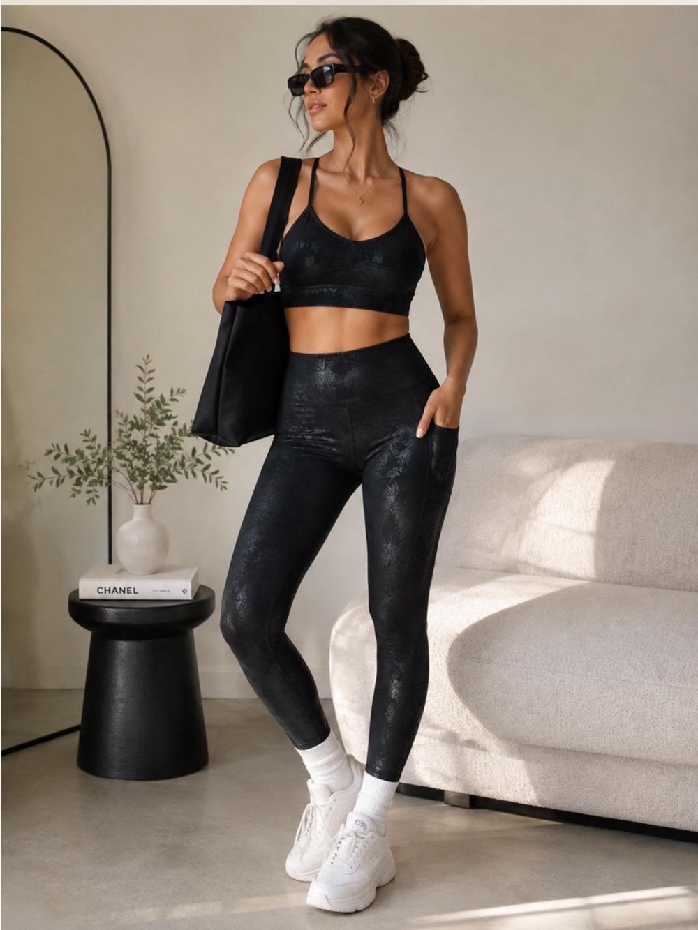 Marika Black Tonal Floral Sports Bra & High Rise Leggings 2-Piece Set